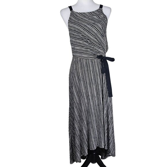 Maeve Anthropologie Black Cream Diagonal Stripe Maxi Dress XS Asymmetrical Wrap - Picture 1 of 11